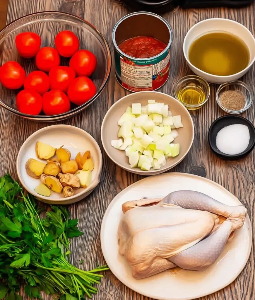 Ingredients for African chicken stew including chicken tomatoes peppers herbs ginger and garlic